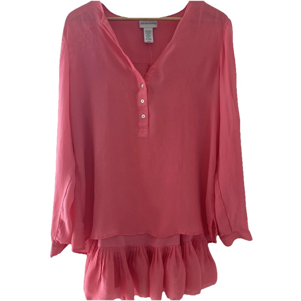 Soft Surroundings‎ Coral Silk Blend M Layered Tunic Ruffle Hem Blouse Boho Flowy